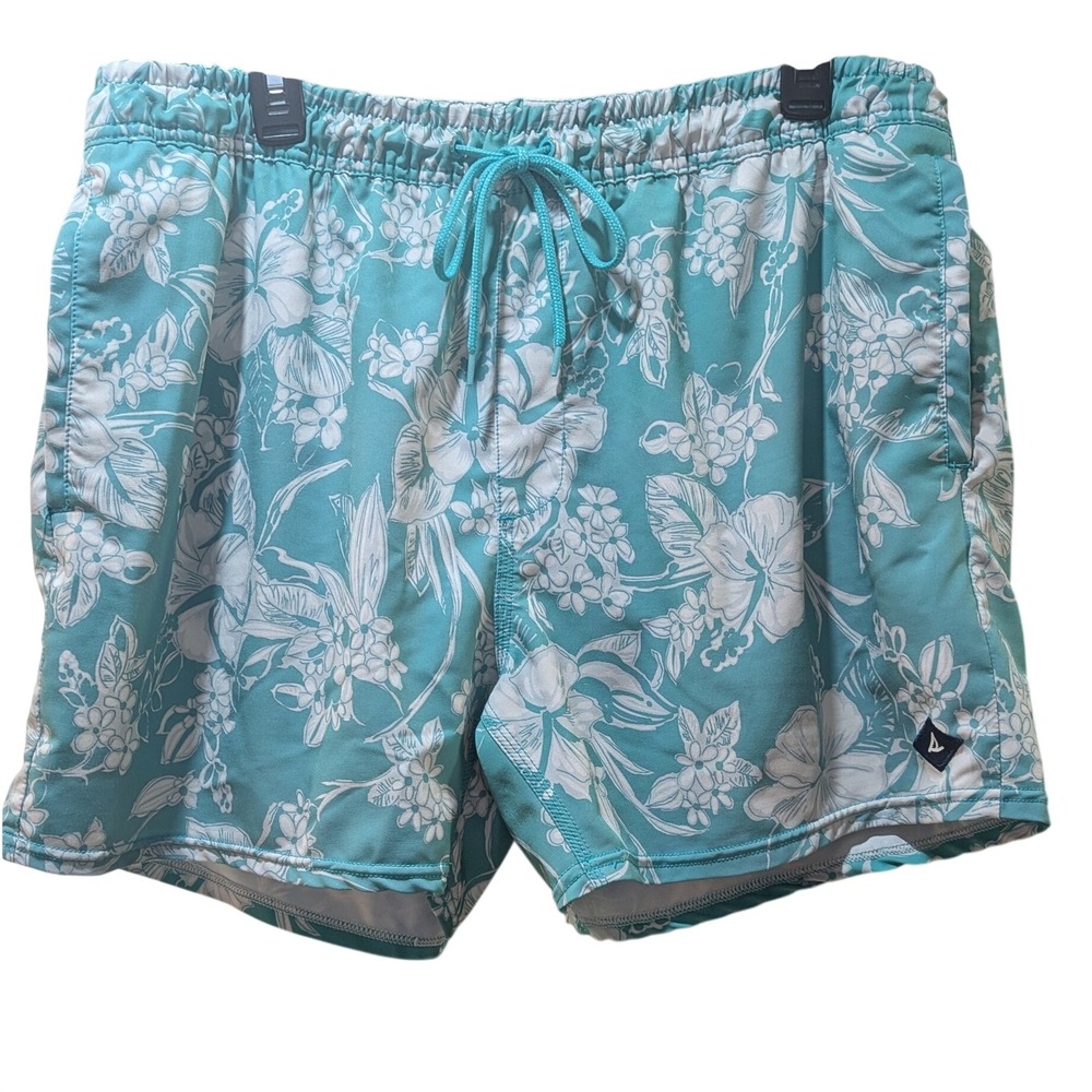 Sperry Mens Swim Trunks XL Teal White Hibiscus Floral Mesh Lined Board Shorts‎